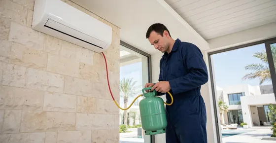 AC services in Dubai: technician servicing a split air conditioner in a villa