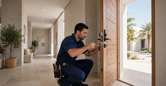 Door repair services in Dubai: handyman fixing a wooden door lock and handle