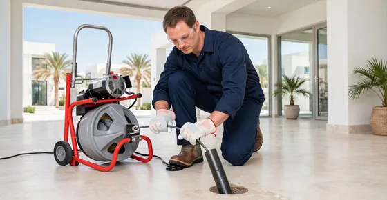 Drain cleaning in Dubai: handyman cleaning a floor drain with a professional machine