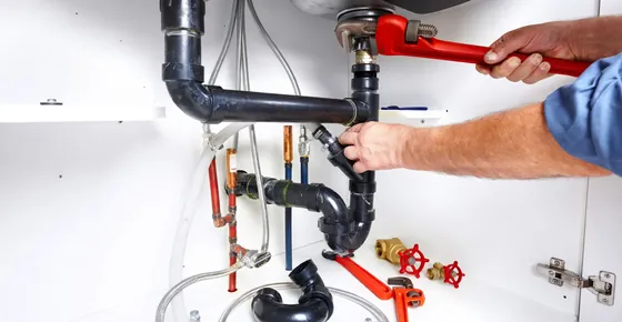 Plumbing services in Dubai: plumber repairing a bathroom sink in a villa
