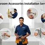 Handyman standing surrounded by visuals of bathroom accessory installation steps mirror, towel rack, shower, and holder fittings in a Dubai home.