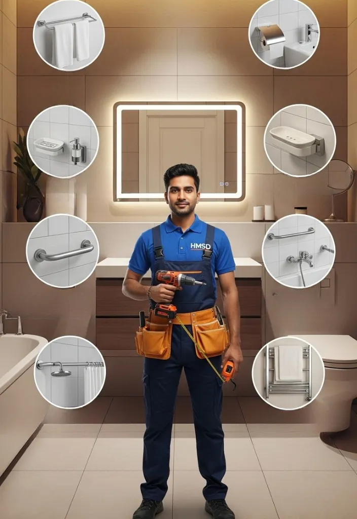 Handyman installing various bathroom accessories such as towel racks, mirrors, soap holders, and shelves in a modern Dubai residential bathroom.