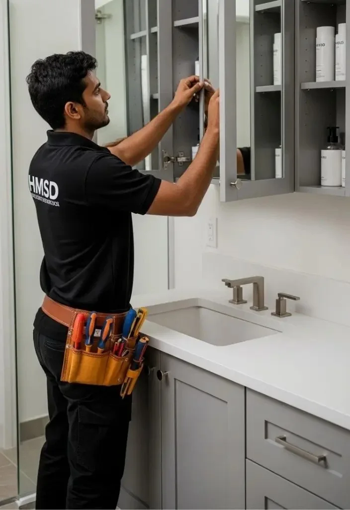 Handyman installing modern vanity cabinets in a bathroom for HMSD Handyman Services Dubai.
