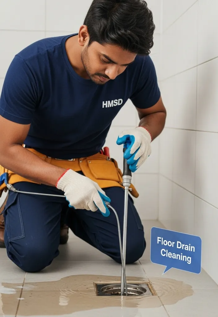 Indian handyman from HMSD cleaning a clogged floor drain using professional tools in Dubai