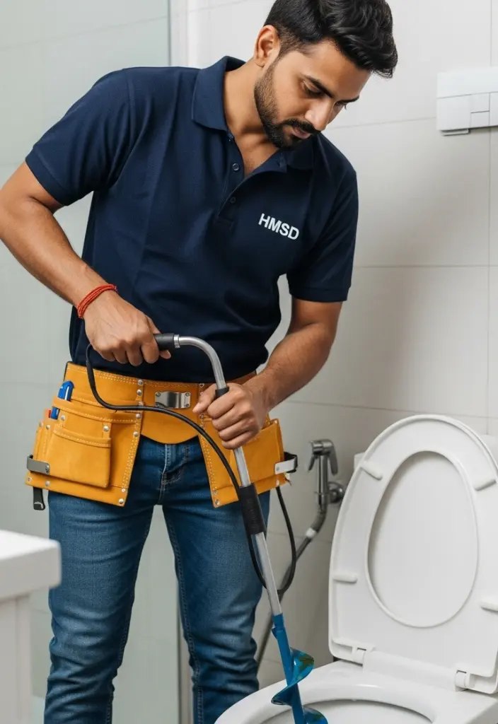 Indian HMSD plumber unclogging a toilet drain with auger tool in Dubai bathroom