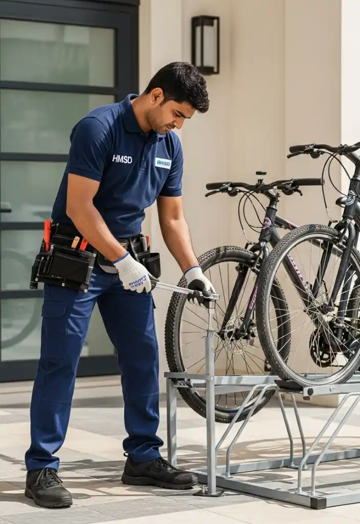 HMSD handyman installing a metal outdoor bike stand with mounted bicycles at a Dubai villa entrance
