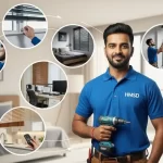 Handyman displaying a range of blind installation services in a Dubai setting, including roller, zebra, vertical, wooden, and motorized blinds across home and office interiors.