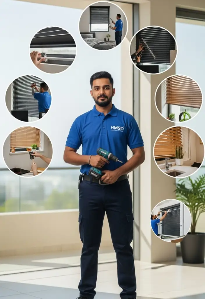 Handyman showcasing different types of installed blinds in a Dubai property, including roller, vertical, motorized, and blackout blinds for residential and office use.