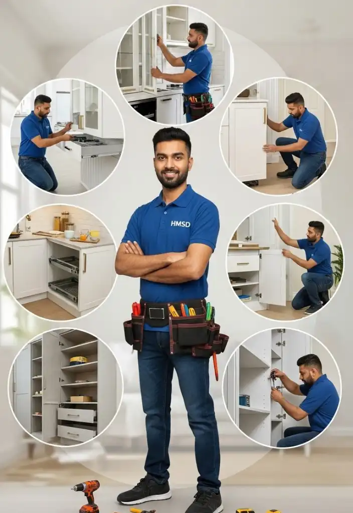 Handyman providing professional cabinet assembly service in Dubai, assembling a custom cabinet.