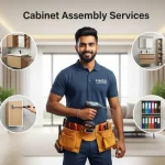 Carpenter standing with tools surrounded by visuals of cabinet assembly services kitchen cabinets, wardrobes, bathroom units, and office storage in a Dubai residential setting.