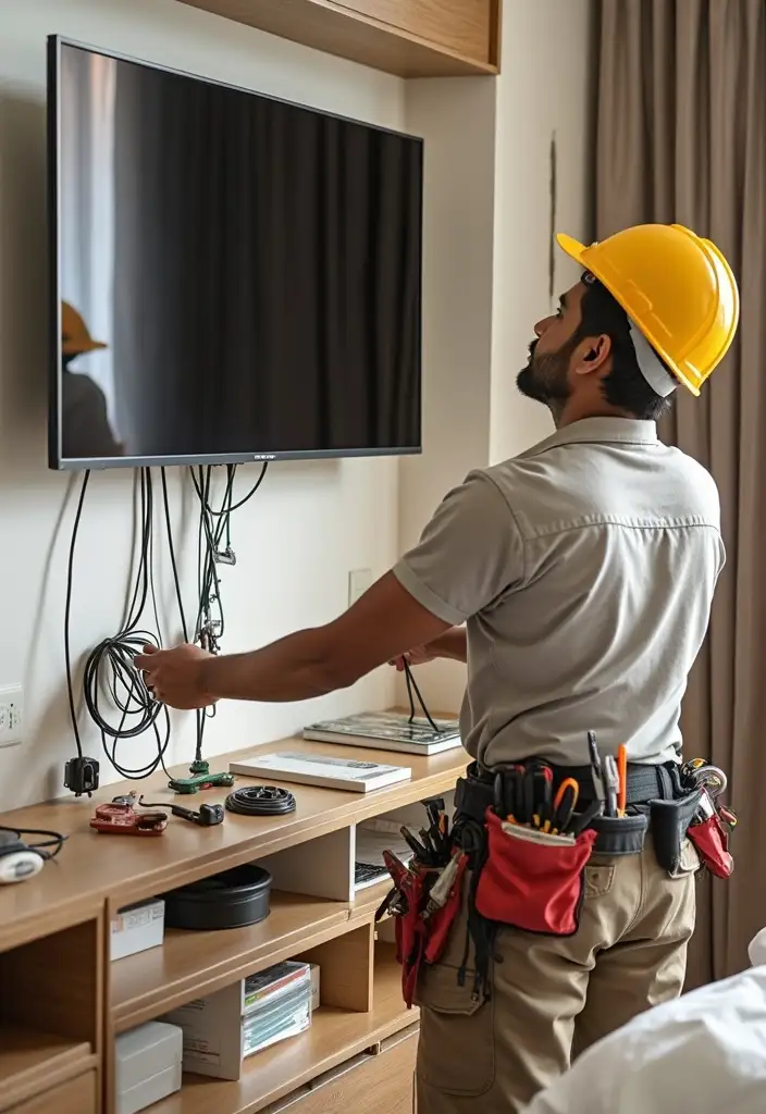 Handyman electrician installing TV bracket with cable management in Dubai Marina