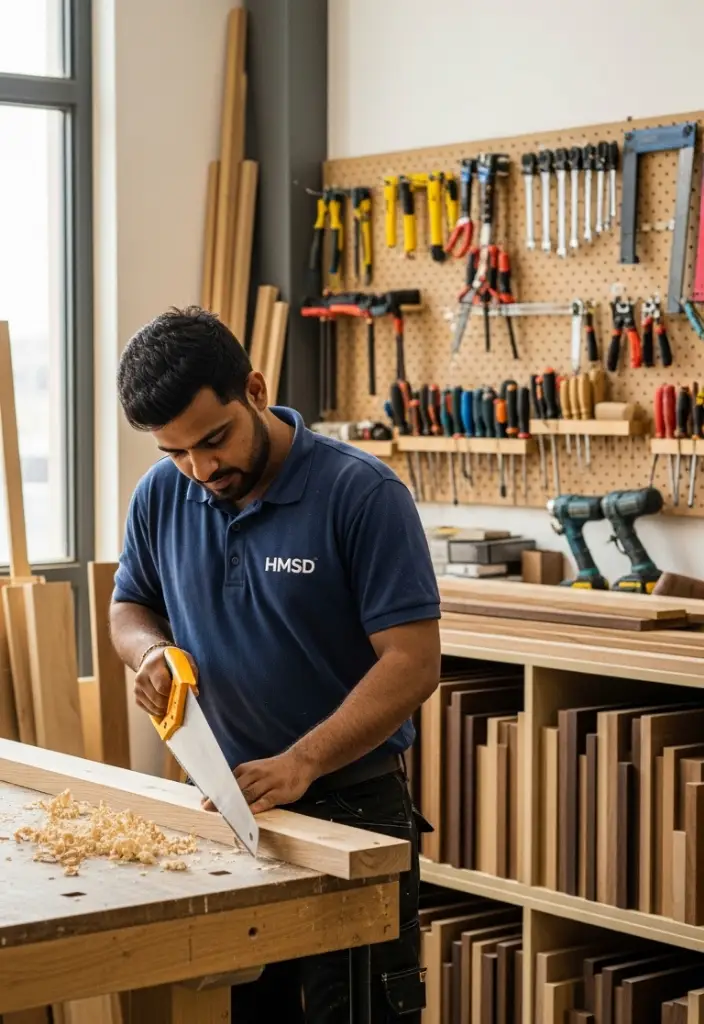Handyman performing carpentry work in Dubai, measuring and cutting wood with professional tools to create custom furniture, repair fixtures, and handle detailed woodworking tasks.