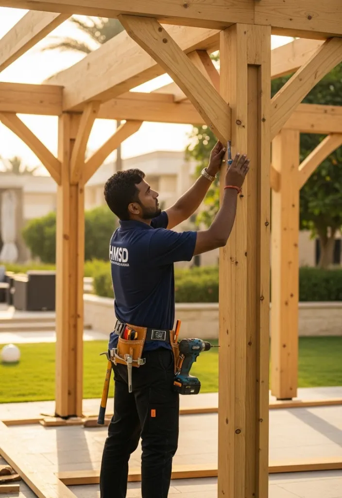 Handyman performing carpentry work in Dubai while installing a wooden pergola, using power tools and precise measurements to ensure a durable, well-aligned outdoor structure.