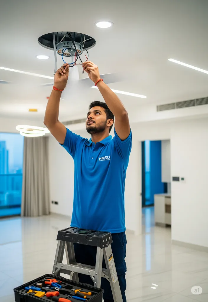 Electrician preparing the base wire connection for a ceiling fan in a Dubai home, ensuring safe electrical setup before mounting the fan unit.