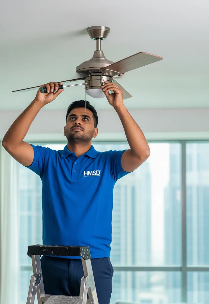 Handyman installing a ceiling fan on the roof of a room in a Dubai home, securing the mount and connecting wiring for safe operation.