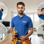 Handyman in Dubai standing surrounded by four shapes showing ceiling TV bracket services like fixed mount, tilting mount, swivel mount, and motorized installation.