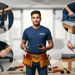 Handyman showing different types of chair repairs, including upholstery, leg fixes, and seat adjustments for HMSD Handyman Services Dubai.