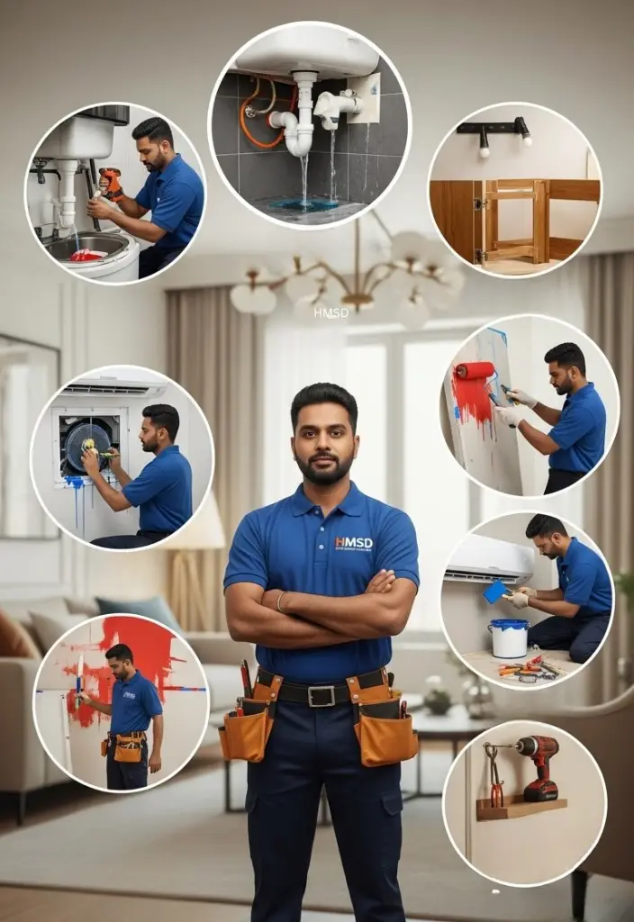 Handyman presenting a range of home maintenance services in Dubai, including plumbing, electrical, carpentry, painting, AC repair, and furniture assembly for residential and commercial spaces.