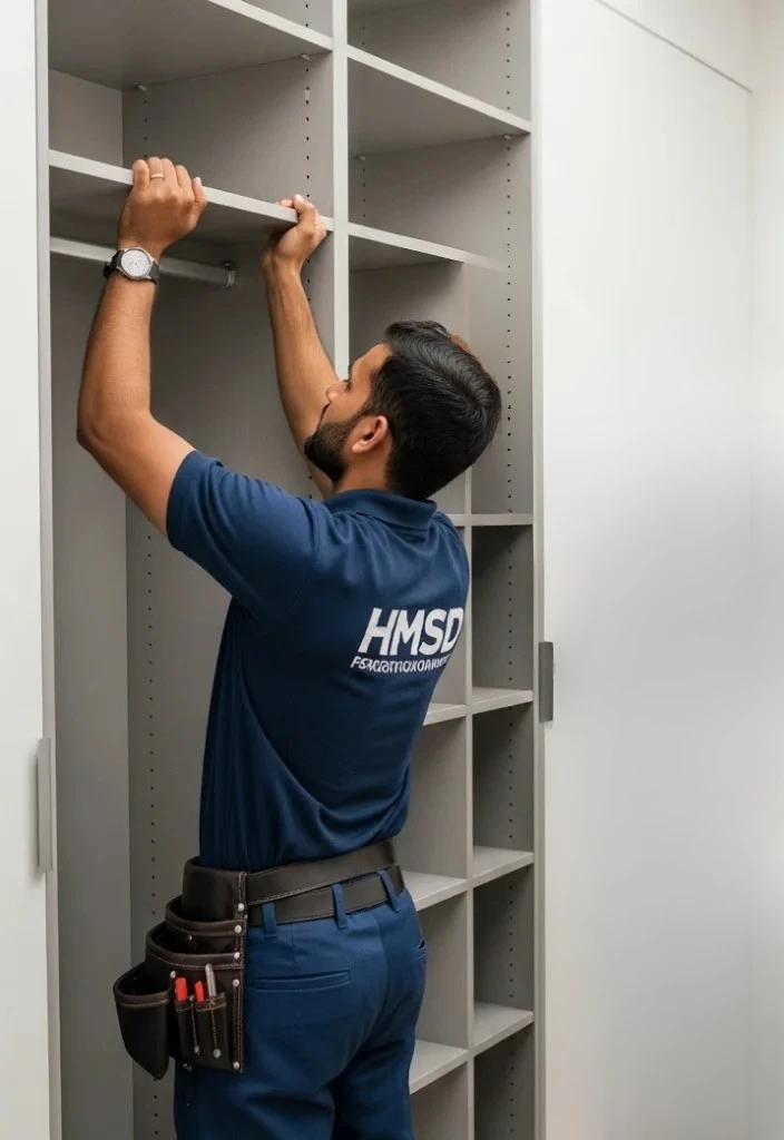 Carpenter carefully fixing a wooden shelf inside a closet during closet shelving installation service in a modern Dubai residential interior.