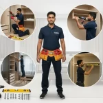 A Carpenter surrounded by shelving tools and materials, demonstrating full-service closet shelf installation work in a stylish Dubai home interior.