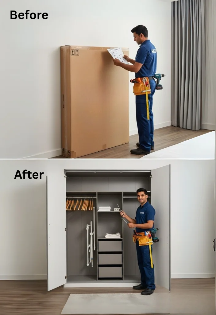 efore and after view of wardrobe assembly in a Dubai bedroom