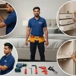 Handyman standing beside assembled closet and wardrobe units in Dubai
