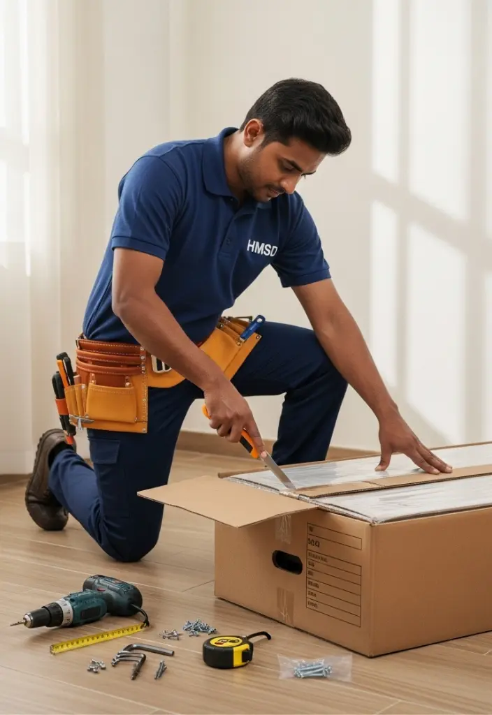 Handyman unboxing a flat-pack wardrobe box in a Dubai home