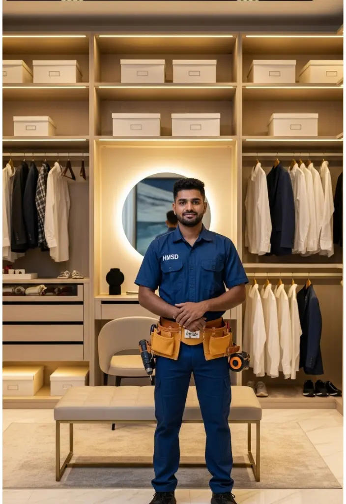 Handyman standing proudly in front of a newly assembled modern closet in a Dubai