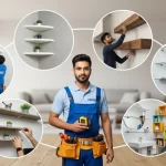 Handyman installing a variety of wall shelves in a Dubai home, including floating, corner, and straight-mounted styles, using precision tools for accurate placement.