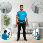 Handyman installing various types of curtains in a Dubai home, including eyelet, pleated, blackout, and sheer styles, ensuring neat fitting, smooth hanging, and proper alignment.