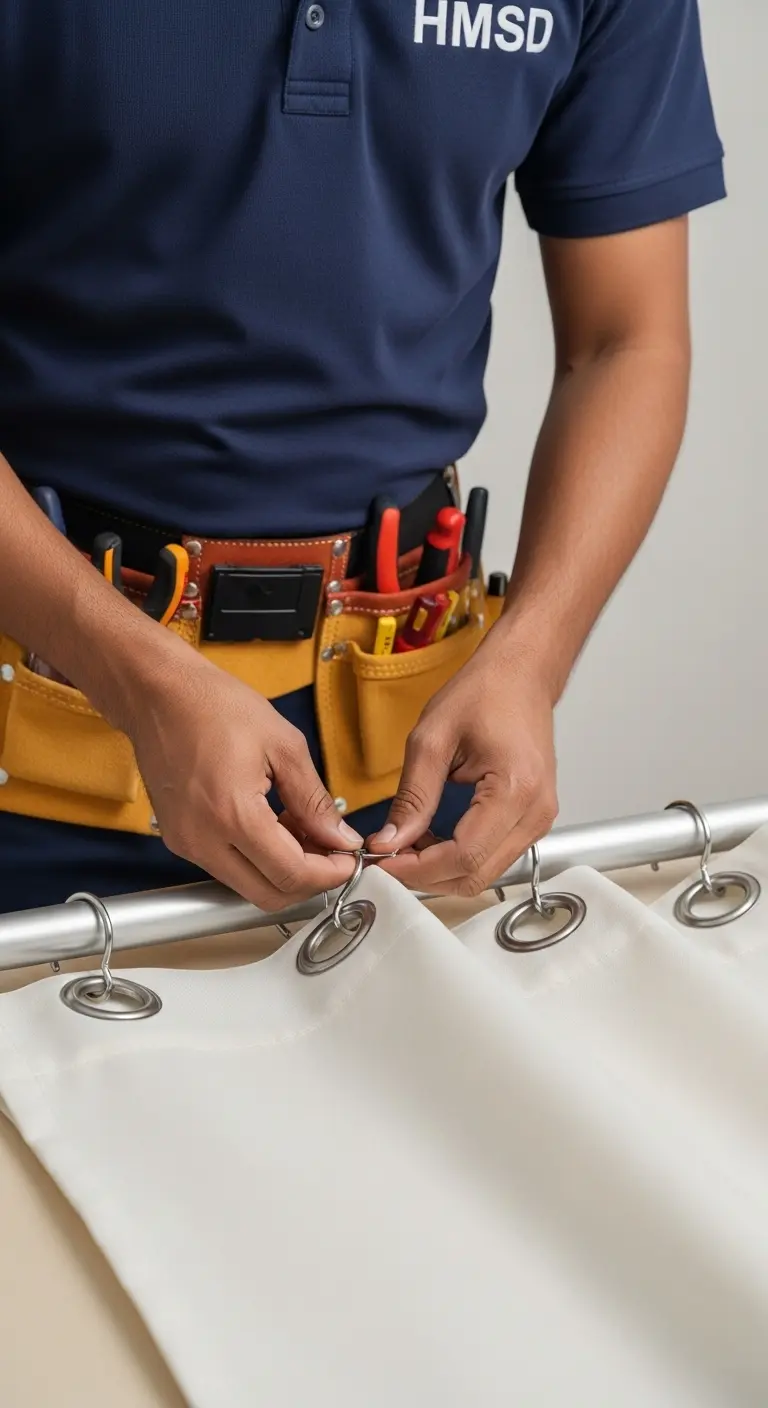 Close-up of HMSD handyman fitting metal eyelet rings onto a curtain rod in Dubai, wearing a tool belt with installation tools.