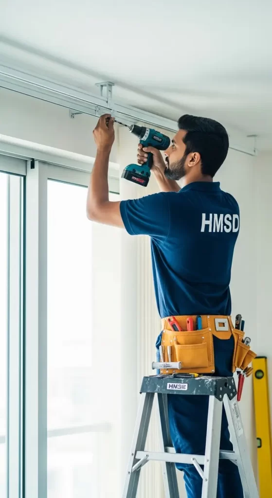 HMSD handyman in a blue uniform installing a ceiling-mounted curtain rail using a drill, while standing on a step ladder in a bright Dubai apartment.