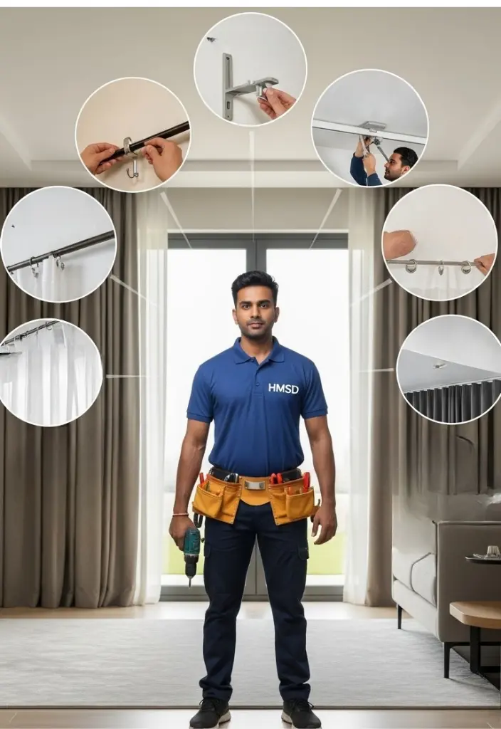 Handyman showcasing curtain installation and removal services in a Dubai home, including mounting curtain rods, hanging drapes, and carefully uninstalling old fixtures.