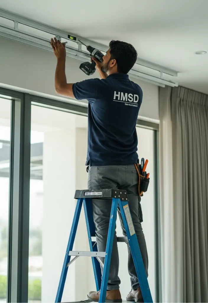 Handyman installing a curtain rail in a Dubai home using a drill and level, preparing the wall for smooth curtain installation with precise alignment and secure mounting.