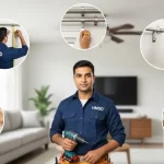 Handyman standing in the middle with visuals of curtain rod measuring, drilling, bracket fixing, and mounting services around him in a Dubai interior setting.