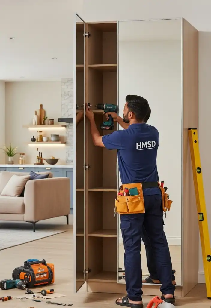 Handyman installing a custom mirror wardrobe in Dubai, offering stylish and functional wardrobe solutions.