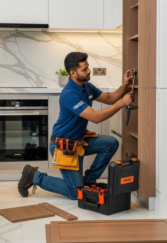 Carpenter installing custom wooden kitchen cabinets in a modern Dubai home
