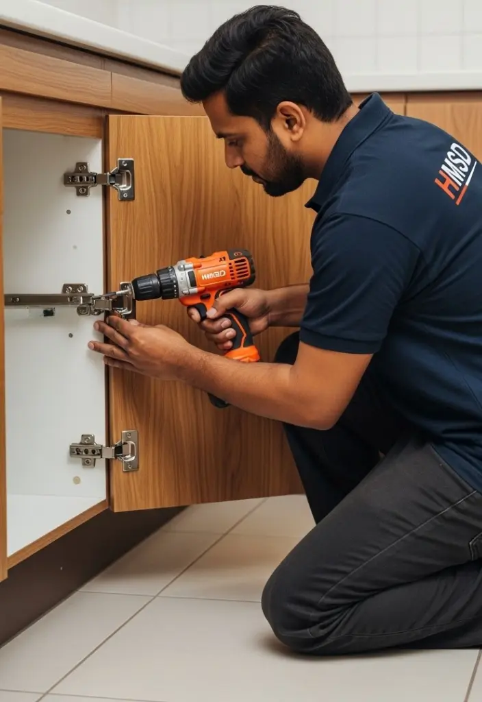 Handyman installing a wooden cabinet door in a modern Dubai home, ensuring smooth hinge alignment and precise carpentry finish.