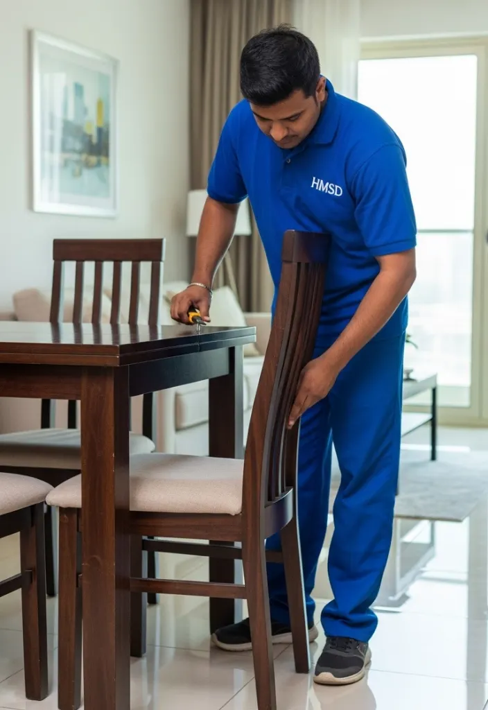 The handyman assembling living room furniture in a Dubai apartment, including a coffee table and TV unit, using tools for stable and precise installation.