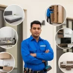 An handyman showcasing various assembled furniture pieces in a Dubai home, including beds, wardrobes, sofas, tables, and cabinets arranged across different rooms.