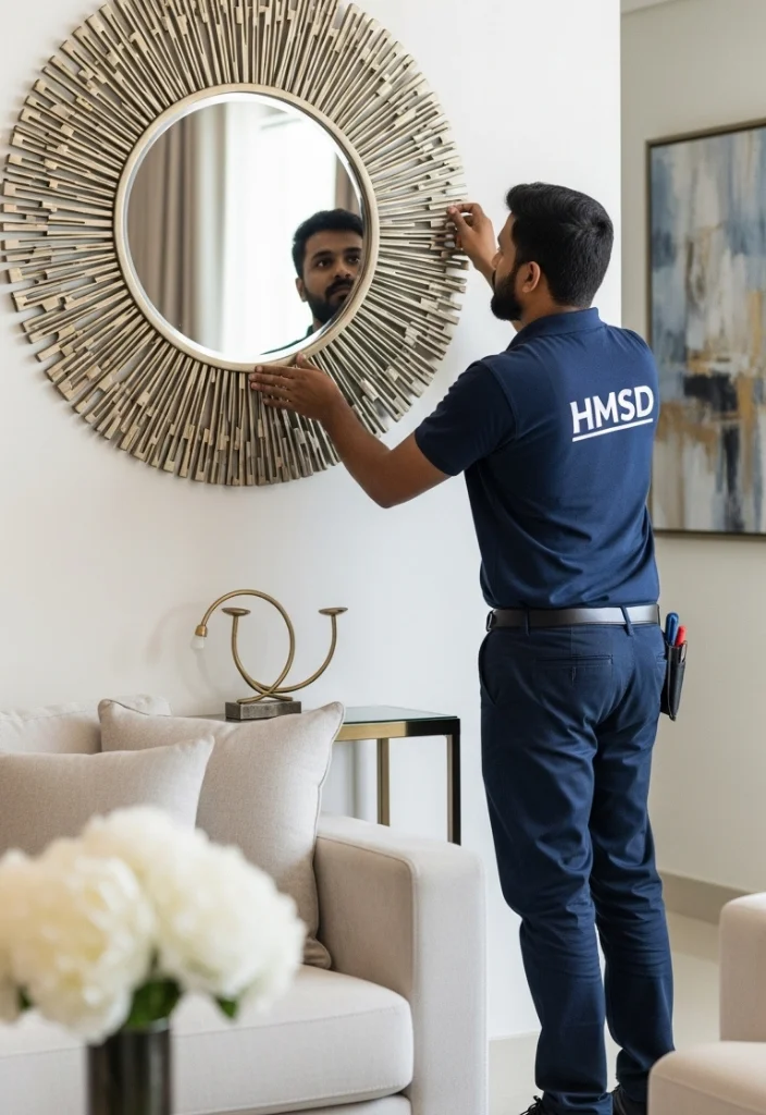 Handyman installing a decorative wall mirror in a stylish Dubai interior