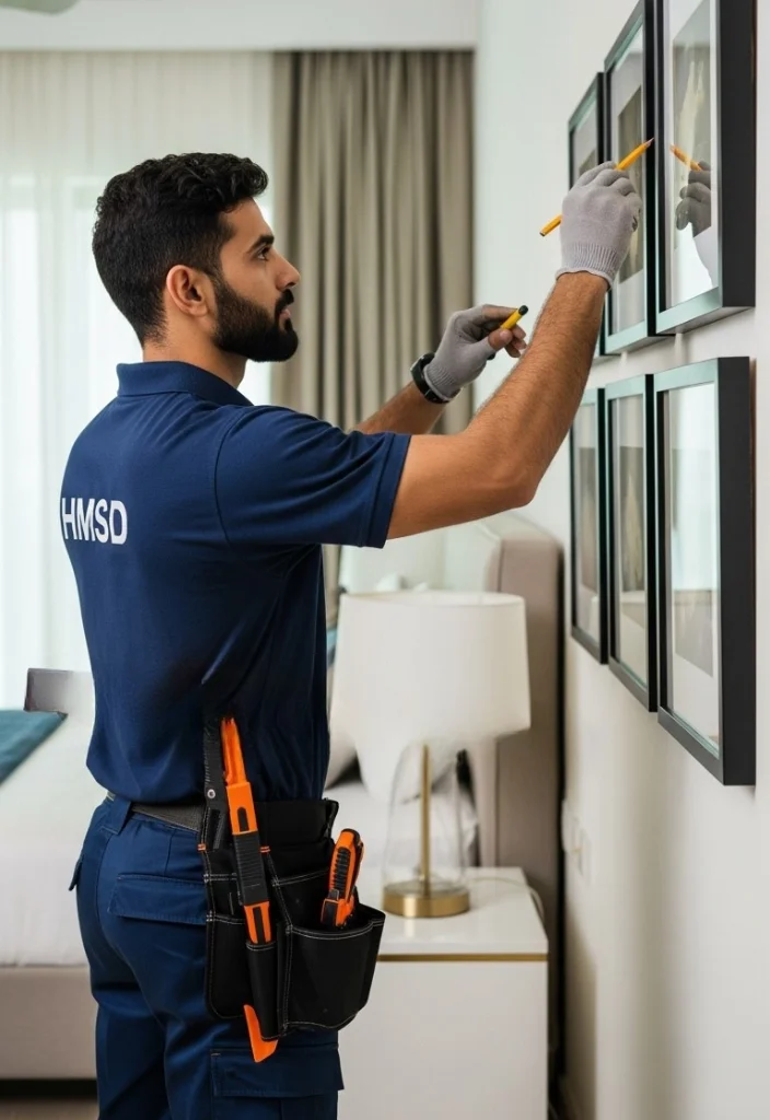 Handyman mounting decorative picture frames on the wall of a Dubai home