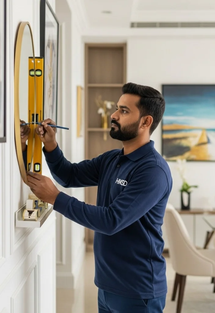Handyman mounting decorative wall pictures in a modern Dubai home