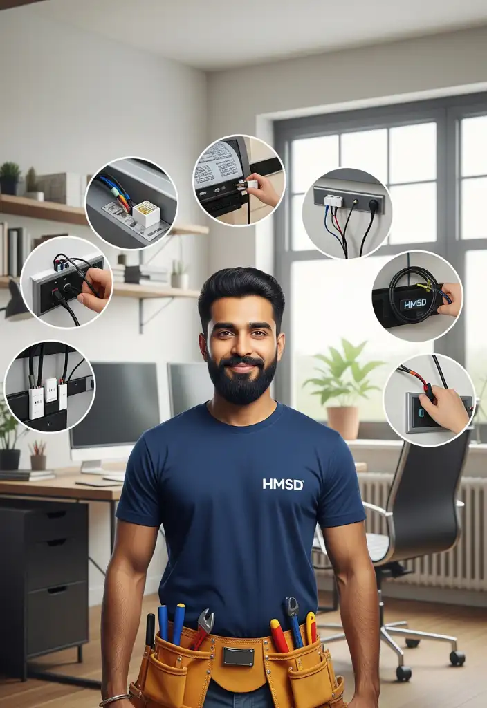 HMSD handyman in Dubai with tool belt showing desk cable management solutions in office environment