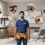 HMSD handyman in Dubai showing under-desk cable clips, trays, and power hub installation in home office
