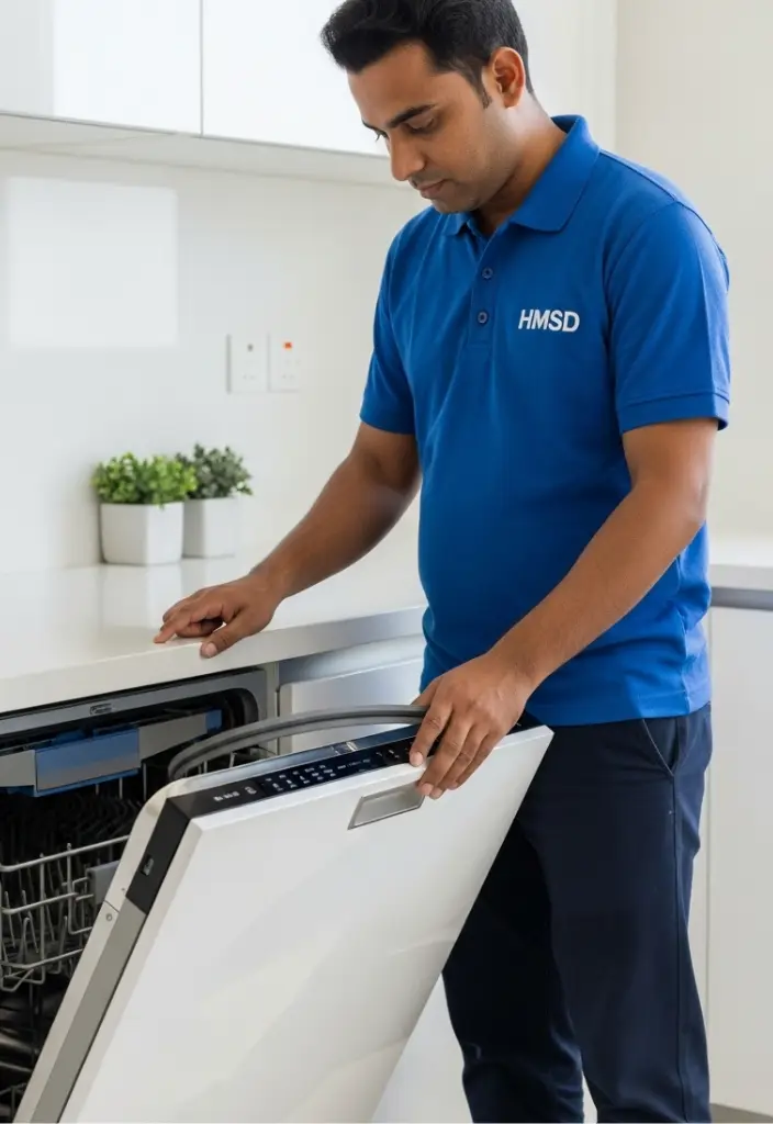 Handyman showcasing a perfectly installed dishwasher in a Dubai kitchen, with flush alignment, secure plumbing, and seamless fit beneath the countertop.