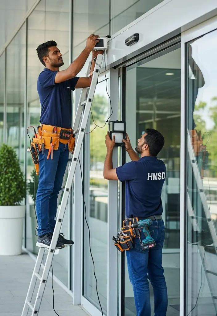 Two installers fitting an automatic sliding door at a modern building entrance