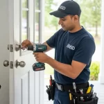 HMSD handyman installing new door lock during door fitting service