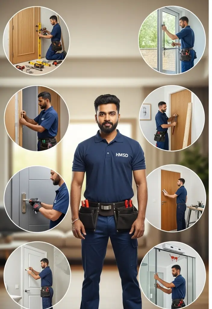 Confident Indian handyman in HMSD uniform with six inset scenes showing expert door installation in home and office settings.