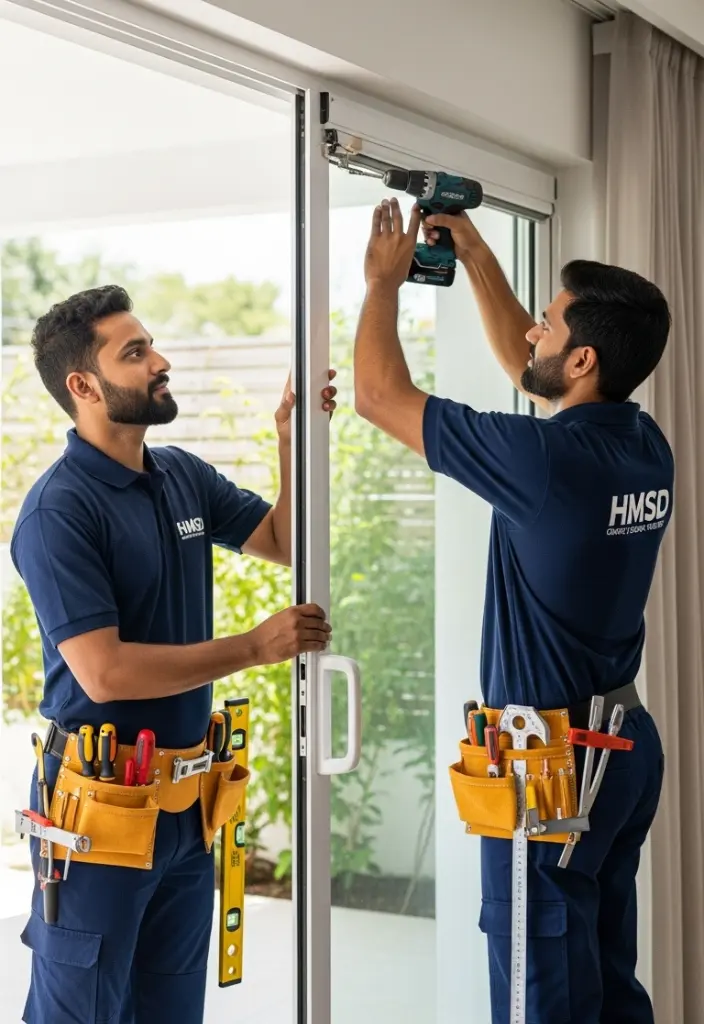 Technicians installing a sliding glass door in a home, using tools to align and secure the upper track.